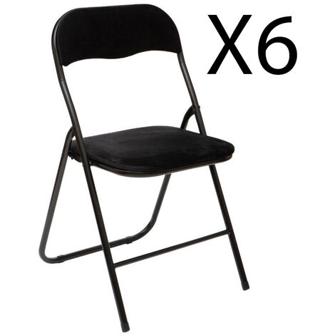 Pegane – Lot de 6 chaises pliantes en velours noir – Acier robuste – Dimensions assise 39x39 cm – Hauteur 43 cm – Pour espaces réduits