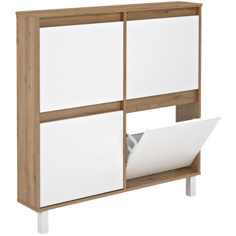 Pegane – Meuble à chaussures 4 portes en bois mélamine blanc et chêne – Dimensions 110 x 110 x 20 cm – Système de préhension intégré