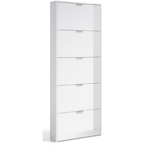 Pegane – Meuble à chaussures 5 portes battantes blanc brillant – Hauteur 180 cm – Largeur 70 cm – Profondeur 17 cm – Capacité 15 paires