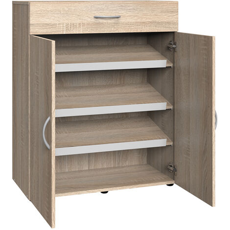 Pegane – Meuble à chaussures en bois mélamine imitation chêne – 2 portes, 1 tiroir – Dimensions 80x98x40 cm – Rangement optimisé