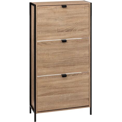 Pegane – Meuble à chaussures en panneaux de particules et métal noir – 3 tiroirs abattants – Dimensions 63.2 x 24 x 112 cm – Pour 18 paires