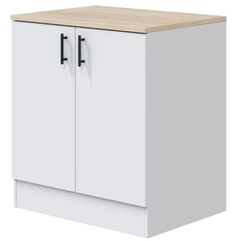 Pegane – Meuble bas de cuisine sous évier 2 portes – Plan de travail effet bois chêne canadien – Finition blanc brillant – Dimensions 90x80x60 cm