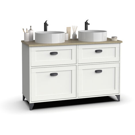 Pegane – Meuble bas de salle de bain blanc et chêne cambrian – Dimensions 120x47x92 cm – Panneaux mélamine haute densité – Assemblage facile