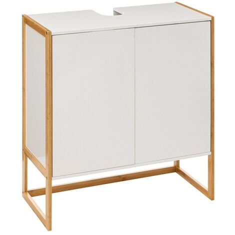 Pegane – Meuble bas de salle de bain en MDF blanc et bambou – Longueur 70 cm x Profondeur 33 cm x Hauteur 80 cm – 2 portes avec étagères