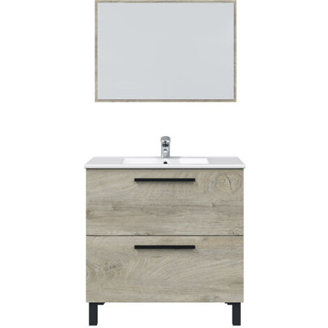 Pegane – Meuble bas de salle de bain sous vasque 2 tiroirs + 1 miroir – Chêne Alaska – L 80 x P 45 x H 86 cm – Panneau aggloméré haute densité