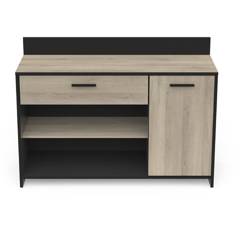 Pegane – Meuble de rangement cuisine chêne kronberg noir mat – Longueur 123 cm x Hauteur 89,4 cm x Profondeur 40 cm – Panneaux mélamine résistants à l’eau