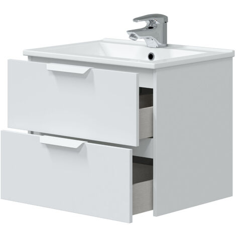 Pegane – Meuble de salle de bain suspendu 60 cm – 2 tiroirs en bois mélaminé blanc – Dimensions 60x45x50 cm – Personnalisable sans miroir