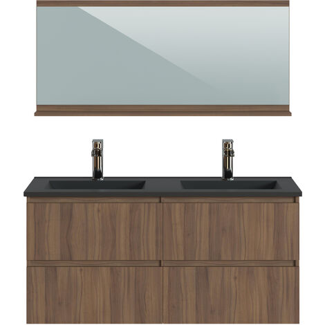 Pegane – Meuble de salle de bains double vasque en résine noire – Mélamine effet noyer – Longueur 122 cm x Profondeur 46 cm x Hauteur 58,5 cm