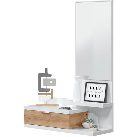 Pegane – Meuble d'entrée avec miroir et tiroir en mélamine – Longueur 81 cm, profondeur 29 cm, hauteur 116 cm – Finition blanche et chêne, 3 étagères