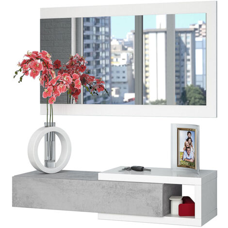 Pegane – Meuble d'entrée réversible avec miroir et 1 tiroir – Coloris blanc artic / ciment – Dimensions 19 x 95 x 26 cm – Fabrication espagnole