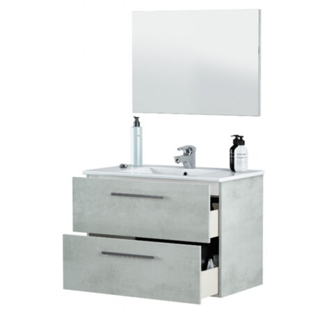 Pegane – Meuble sous vasque suspendu 80 cm – Miroir béton – Hauteur 57 cm x Longueur 80 cm x Profondeur 45 cm – Montage mural inclus