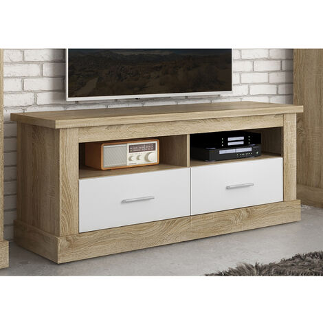 Pegane – Meuble TV chêne cambrian et blanc – Dimensions 135x41,8x56,6 cm – 2 tiroirs et 2 niches de rangement – Panneau mélaminé
