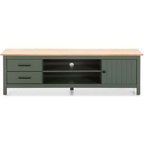 Pegane – Meuble TV en pin massif chêne vert – Longueur 158 cm, profondeur 40 cm, hauteur 47 cm – 1 porte, 2 niches, 2 tiroirs