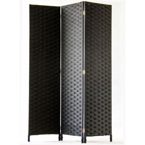 Pegane – Paravent 3 panneaux tressé en fibres synthétiques noir – Dimensions H170 x L120 cm – Design moderne pour séparation d'espace