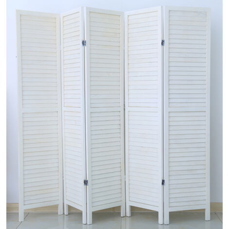 Pegane – Paravent en bois 5 panneaux blanc – Dimensions H170 x L200 cm – Aménagement d'espace – Décoration intérieure moderne