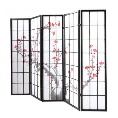 Pegane – Paravent en bois noir 5 pans avec fleurs de cerisier – Structure en bois verni – Charnières double sens – Panneaux avec papier de riz blanc