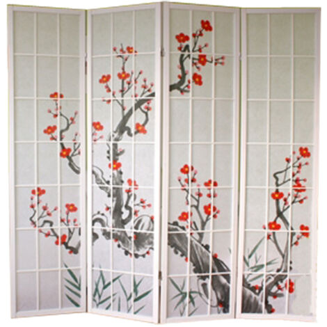 Pegane – Paravent en bois verni blanc 4 pans – Fleurs de cerisier – Charnières à double sens – Séparation esthétique pour salons et bureaux