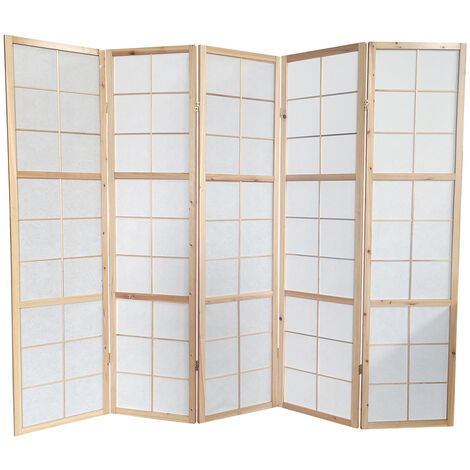 Pegane – Paravent japonais en bois naturel 5 pans – Hauteur 175 cm – Longueur 220 cm – Charnières modulables pour agencement flexible