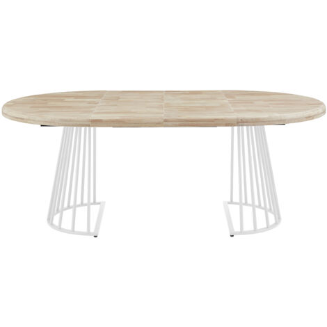 Pegane – Table extensible ronde en bois de chêne nordique et métal blanc – Longueur 120-200 cm – Hauteur 76 cm – 2 rallonges de 40 cm