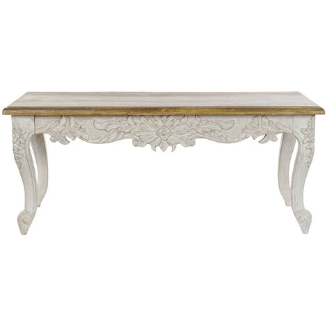 Pegane – Table basse fixe en bois de manguier blanc vieilli – Dimensions 120 x 61 x 49 cm – Pieds sculptés et plateau naturel