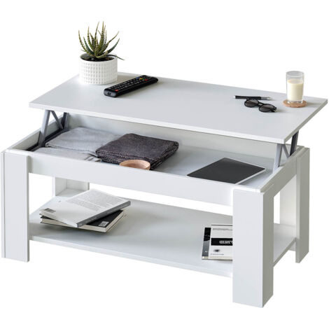 Pegane – Table basse relevable en mélamine blanc artik – Dimensions 43 x 102 x 50 cm – Plateau relevable pour repas devant la télévision