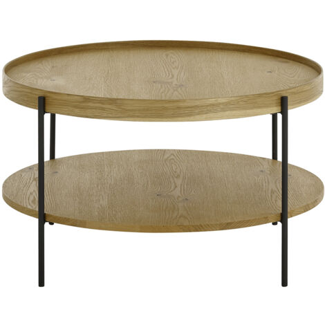 Pegane – Table basse ronde en bois chêne et métal noir mat – Diamètre 80 cm x profondeur 45 cm – Étagère intégrée pour rangement moderne
