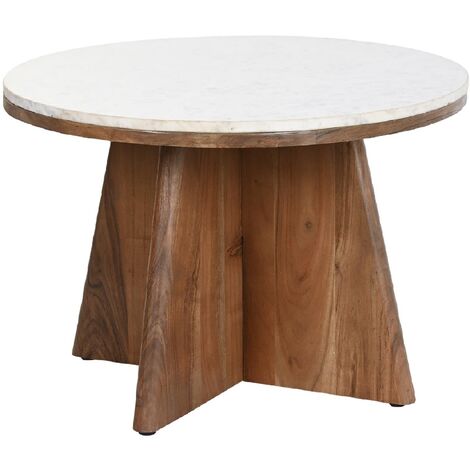 Pegane – Table basse ronde en marbre blanc et bois d'acacia – Diamètre 70 cm – Hauteur 43 cm – Design élégant pour salon moderne
