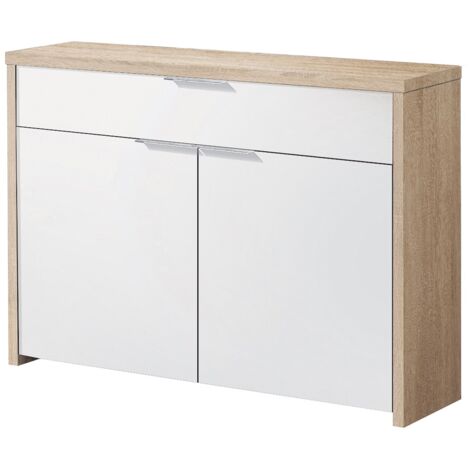 Pegane – Table console 2 portes 1 tiroir – Coloris chêne cambrian et blanc – Dimensions 101x30x76 cm – Panneaux de particules mélaminés