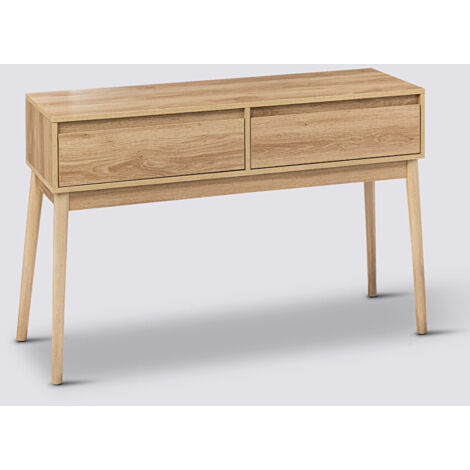 Pegane – Table console en bois de pin beige avec 2 tiroirs – Longueur 114 cm, profondeur 37 cm, hauteur 76 cm – Meuble de rangement moderne