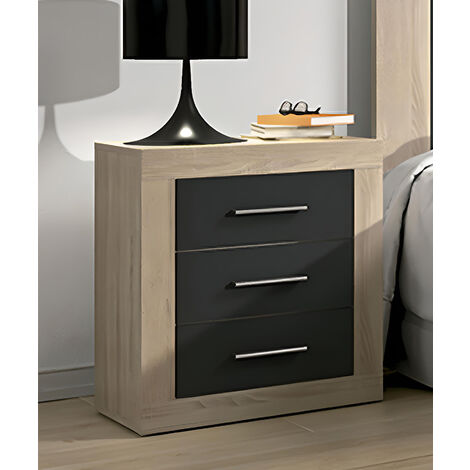 Pegane – Table de chevet chêne cambrian graphite avec 3 tiroirs – Dimensions 50 x 34,6 x 60 cm – Panneau mélaminé facile à assembler