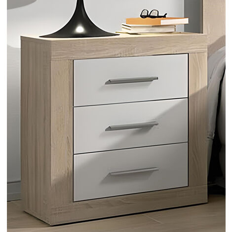 Pegane – Table de chevet en panneau de particule mélaminé chêne cambrian et blanc – 3 tiroirs – Dimensions 50 x 34,6 x 60 cm – Installation facile