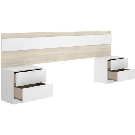 Pegane – Tête de lit avec 2 tables de nuit 2 tiroirs – Bois mélaminé chêne naturel et blanc – Dimensions 248 x 34 x 96 cm