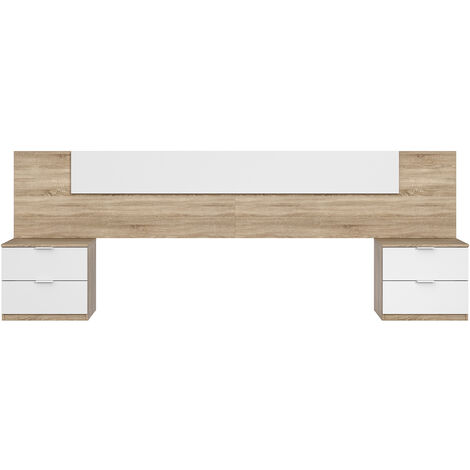 Pegane – Tête de lit mélamine avec 2 chevets – Chêne canadian et blanc artik – Hauteur 95 cm, Longueur 247 cm, Profondeur 38 cm – Compatible 90x200 cm