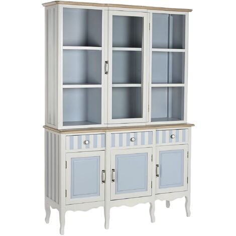 Pegane – Vaisselier en bois de paulownia et verre bleu ciel/blanc – Longueur 141.5 cm x Profondeur 44 cm x Hauteur 199 cm – Rangement fonctionnel