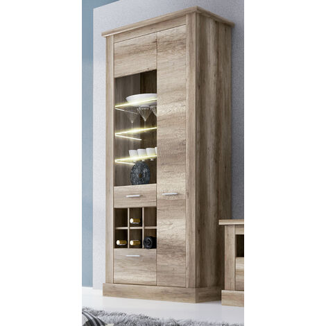 Pegane – Armoire vitrine buffet haut chêne vieilli – Longueur 96 cm – Profondeur 41 cm – Hauteur 201 cm – Panneaux mélaminés