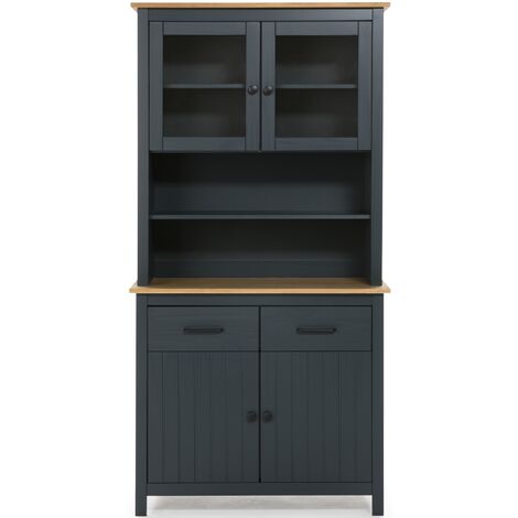 Pegane – Vitrine en pin massif bleu et chêne – Dimensions 90 x 40 x 180 cm – 2 portes vitrées et 2 tiroirs avec glissières métalliques