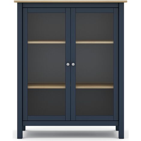 Pegane – Vitrine en pin massif bleu et chêne – Meuble de rangement 2 portes – Longueur 90 cm x Profondeur 40 cm x Hauteur 110 cm – Design moderne