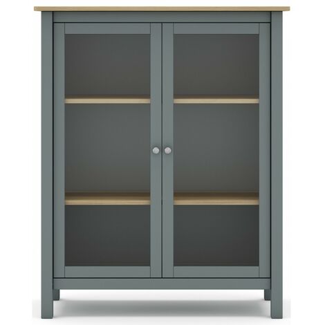 Pegane – Vitrine en pin massif vert kaki avec 2 portes – Dimensions 90 x 40 x 110 cm – Plateau en chêne – Meuble de rangement design