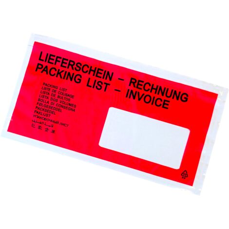 Pegatina para ventana derecha DL (OP) con impresión (LIEFERSCHEIN/RECHNUNG), paquete de sobre autoadhesivo de 100 unidades.