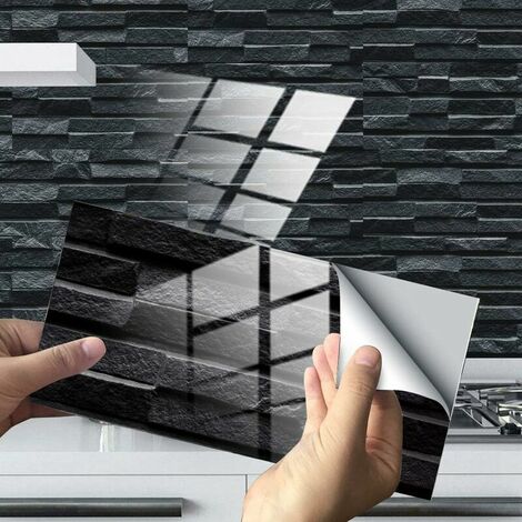 Pegatinas Adhesivas Decorativas Rectángulos para Azulejos de Baño y Cocina, Mosaico con Patrón de Mármol Decoración Adhesiva 3D Impermeable (Mármol Negro, 24 Piezas), 13 Trece