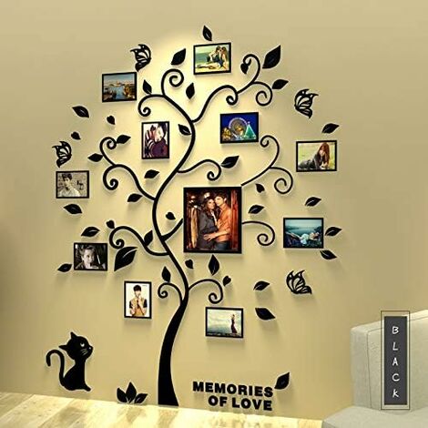 Pegatinas de fotos extraíbles para pared Árbol de acrílico 3D con ramas curvas y marcos de fotos (Feulles negros)