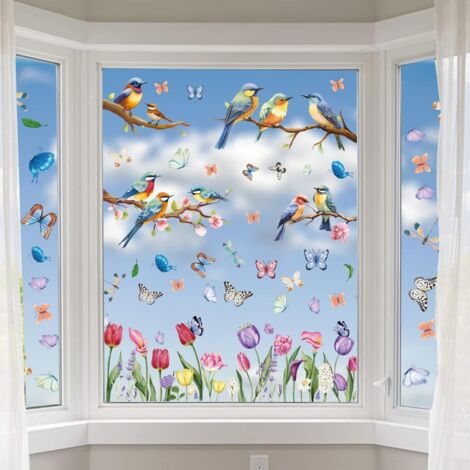 Pegatinas de pájaros para ventanas, decoraciones para ventanas de cristal, calcomanías de primavera y verano, flores, colibríes, pegatinas de protección de aves, 76 pegatinas de decoración para fiesta