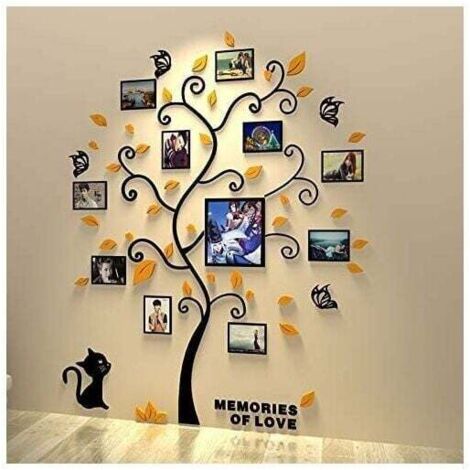 Pegatinas de pared acrílicas 3D extraíbles de árbol con ramas curvas y marcos de fotos (hojas negras)