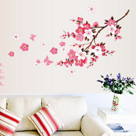 Pegatinas de pared con flores de cerezo y mariposas rosas y rojas, ramas de cerezo, pegatinas de árboles, pegatinas para la sala de estar, el dormitorio, la cocina, azulejos y el pasillo.