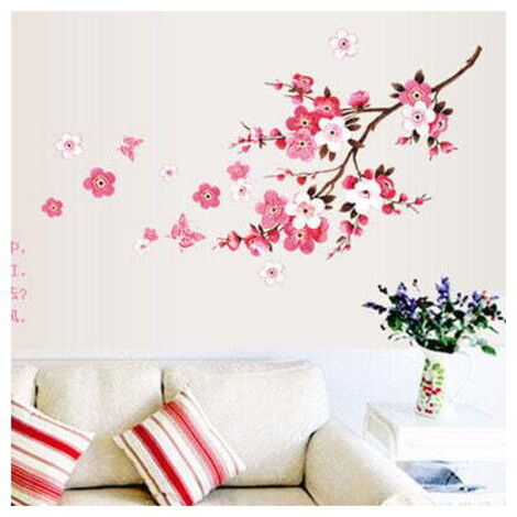 Pegatinas de pared con flores de cerezo y mariposas rosas y rojas, ramas de cerezo, pegatinas de árboles, pegatinas para la sala de estar, el dormitorio, la cocina, azulejos y el pasillo.