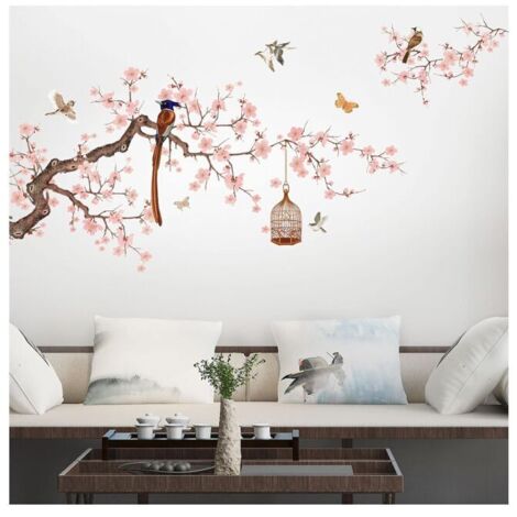 Pegatinas de pared de estilo chino (rosa) para sala de estar, pegatinas de flores rosas, pegatinas de pared para dormitorio, pegatinas de pared autoadhesivas, decoración de pared para el hogar,