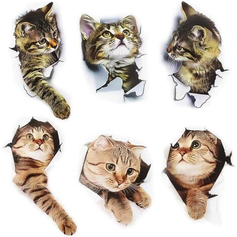 Pegatinas de pared de gato 3D (6 unidades), calcomanías de gato 3D, pegatinas de gato para ventanas de coche, inodoro, baño y guardería.