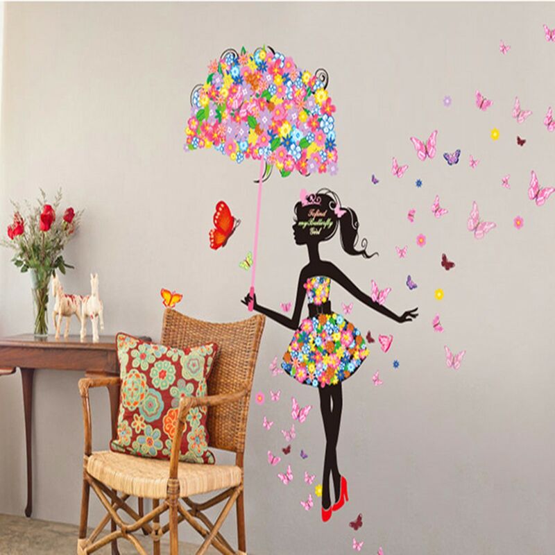 

Pegatinas de pared extraíbles Hadas Chica Paraguas Mariposa Flores Arte Calcomanía Hogar DIY Mural Niños Niños Favor Decoración de habitaciones