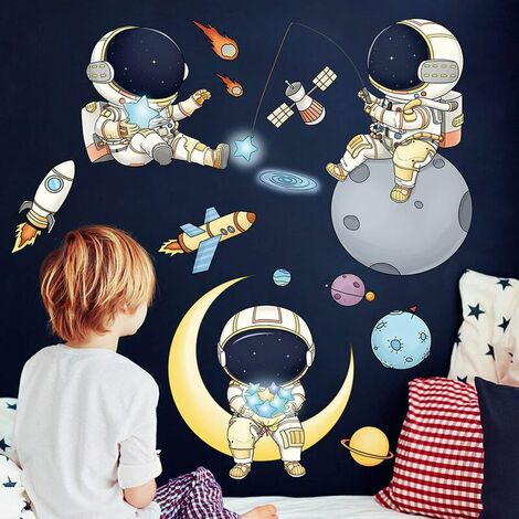 Pegatinas de pared Niños Pegatina de pared Bebé Niño Niña Habitación Decoración Astronauta Espacio Planeta Cohete Luna Pegatinas de pared Dormitorio Etiqueta de la pared Bebé Vivero Decoración de la p
