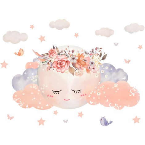 Pegatinas de pared para habitación de niña, 60 x 30 cm, color rosa, con diseño de nubes, luna y flores. Decoración de pared cálida para dormitorio de niña.